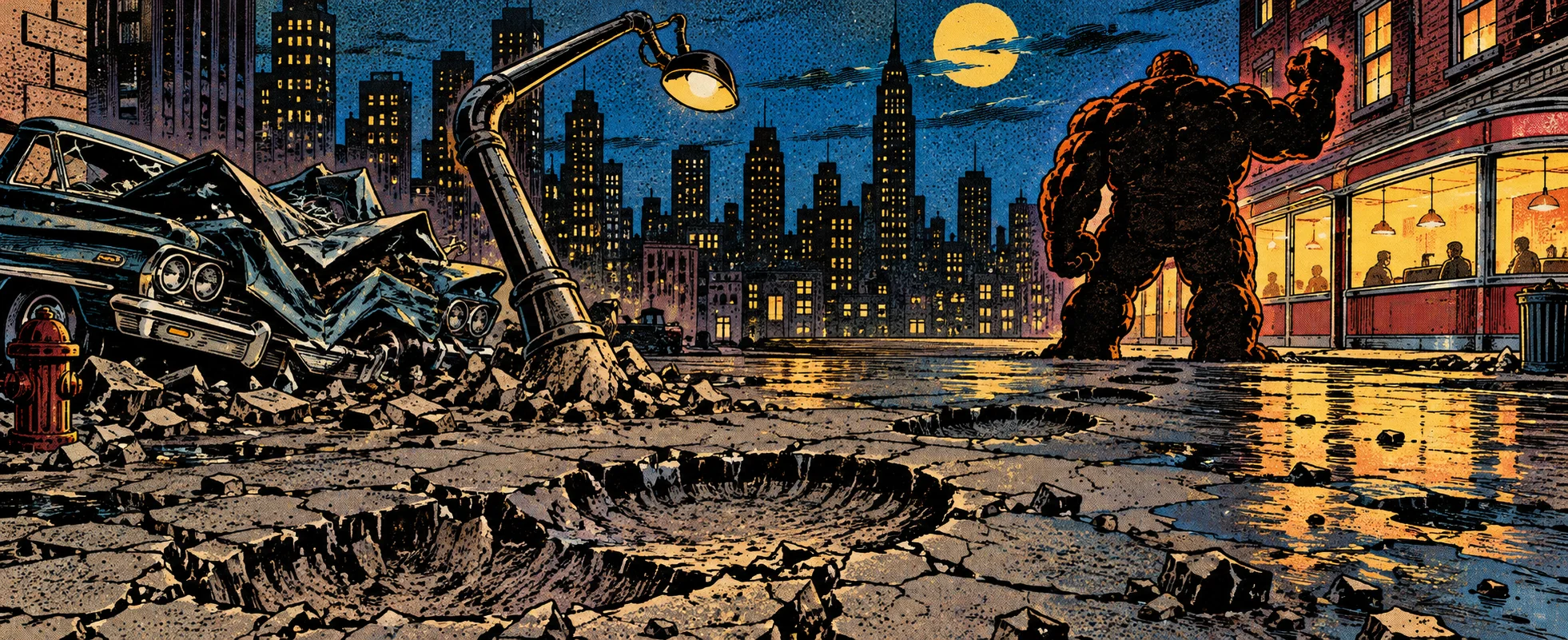 Silver Age comic illustration: a hulking, rocky orange figure stands in silhouette in a moonlit city street beside a bright diner, among cratered pavement, a crumpled car, a bent lamp post and a red fire hydrant.