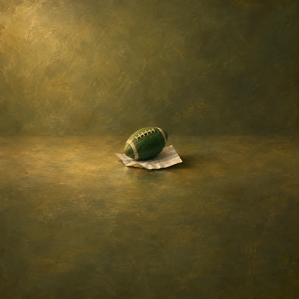 A small green football rests on folded pale paper against an olive-gold background.