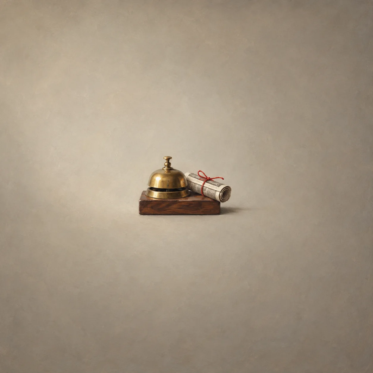 A brass desk bell beside a rolled paper scroll tied with red string on a wooden block.