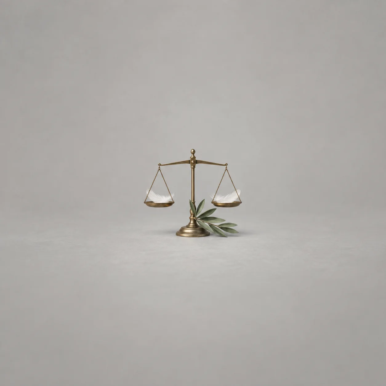 A small brass balance scale with a white feather in each pan and a leafy branch leaning against its base.