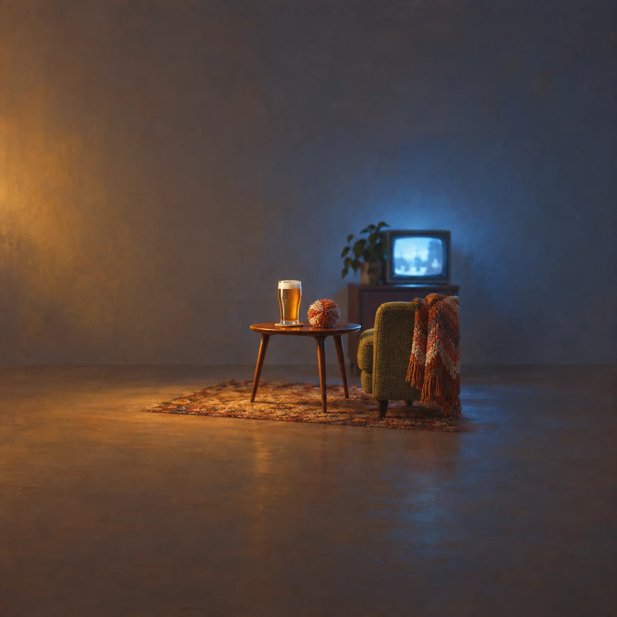 A beer glass and orange pom-pom sit on a table beside an armchair facing a glowing blue television.
