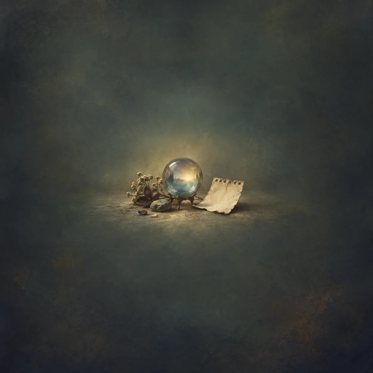 A clear crystal ball on a small brass stand sits beside torn blank paper, dried flowers and a stone.