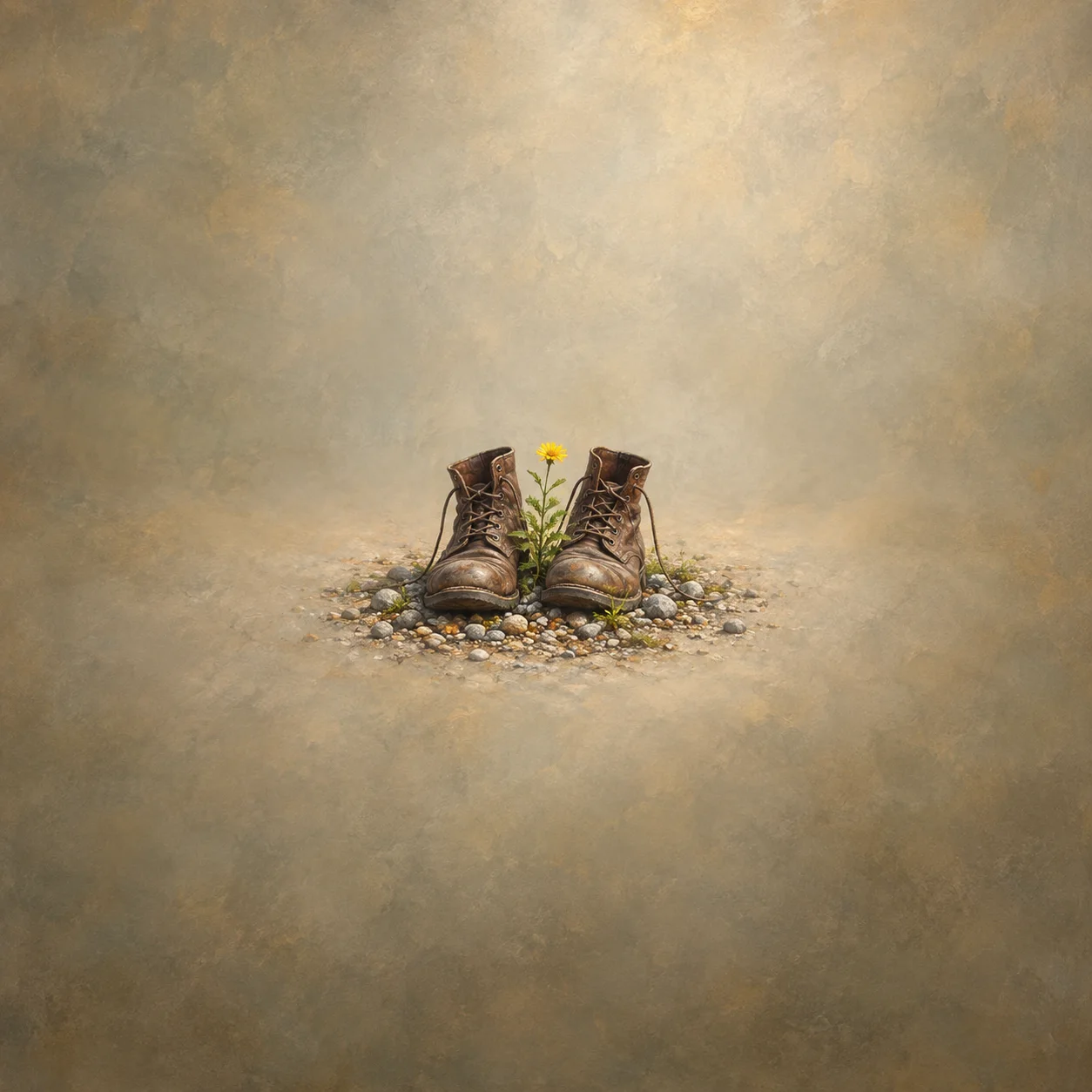 A pair of worn brown boots on gravel with a small yellow wildflower growing between them.