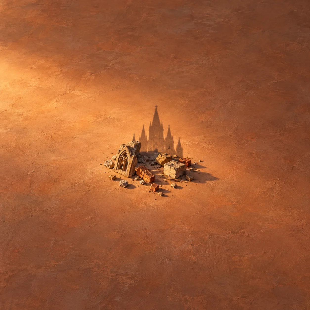 Painterly pile of stone rubble casting a cathedral-shaped shadow against warm terracotta.
