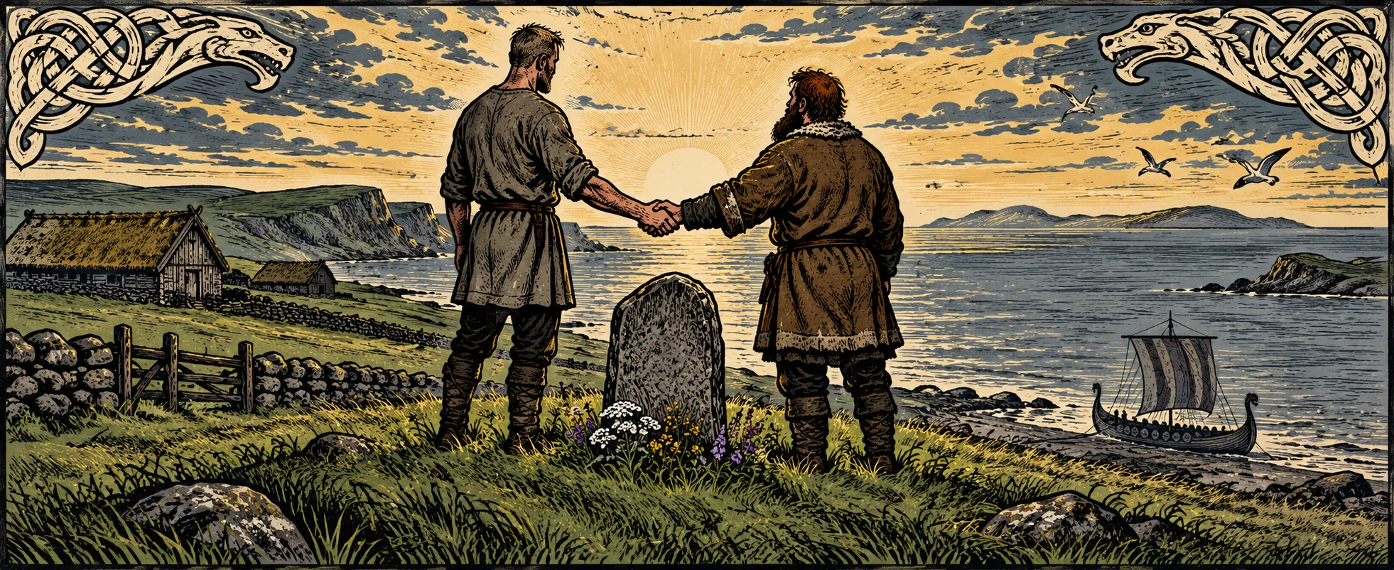 Woodcut-style scene: two Norse farmers shake hands beside a grave on a green headland, a longship on the bay behind.