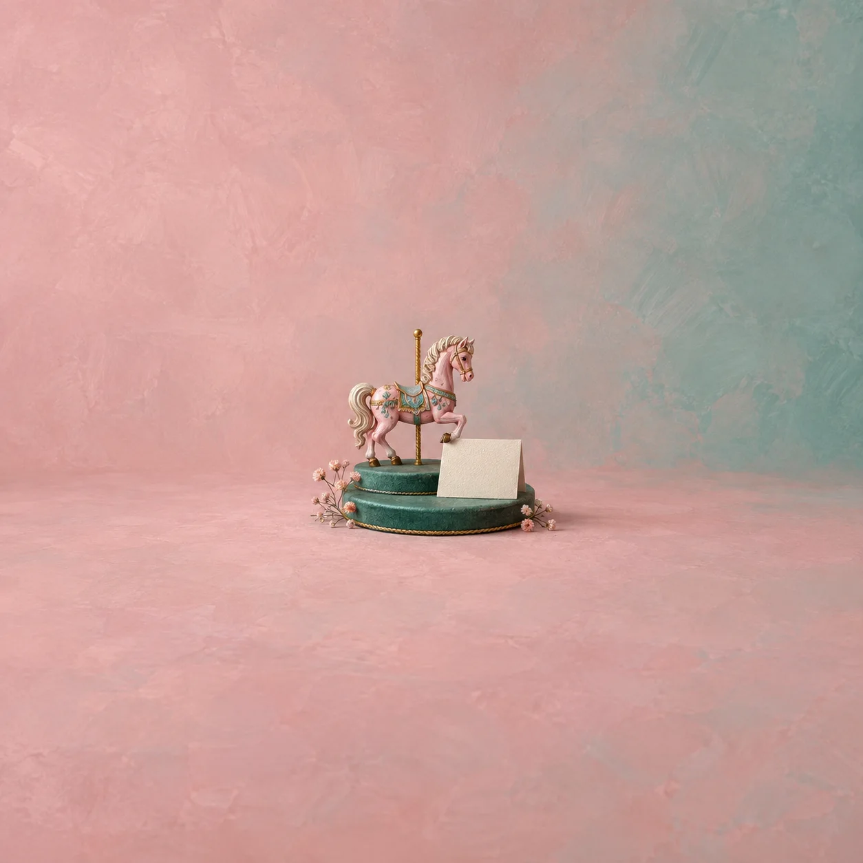 A small pink carousel horse on a green circular platform next to a blank white card.