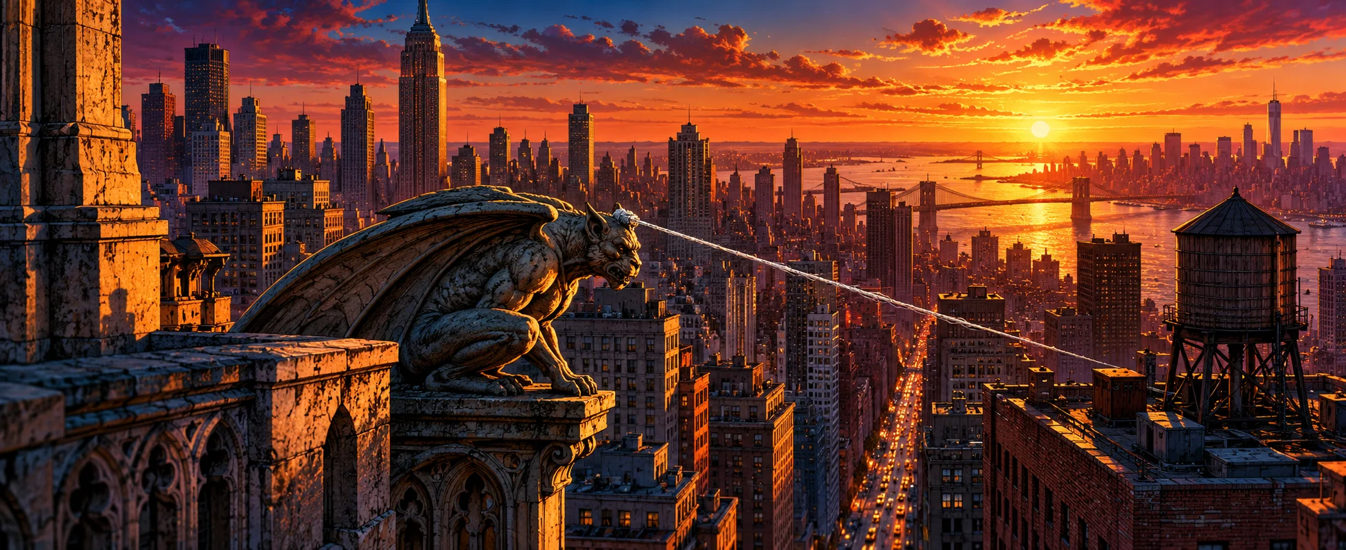 Comic-book painting of a stone gargoyle on a Manhattan rooftop at sunset, a single web line stretching from it between the towers towards the sun.