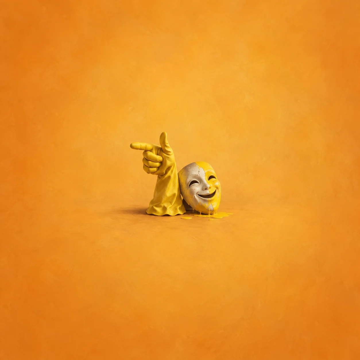 Painterly smiling white mask beside a pointing yellow glove on orange.