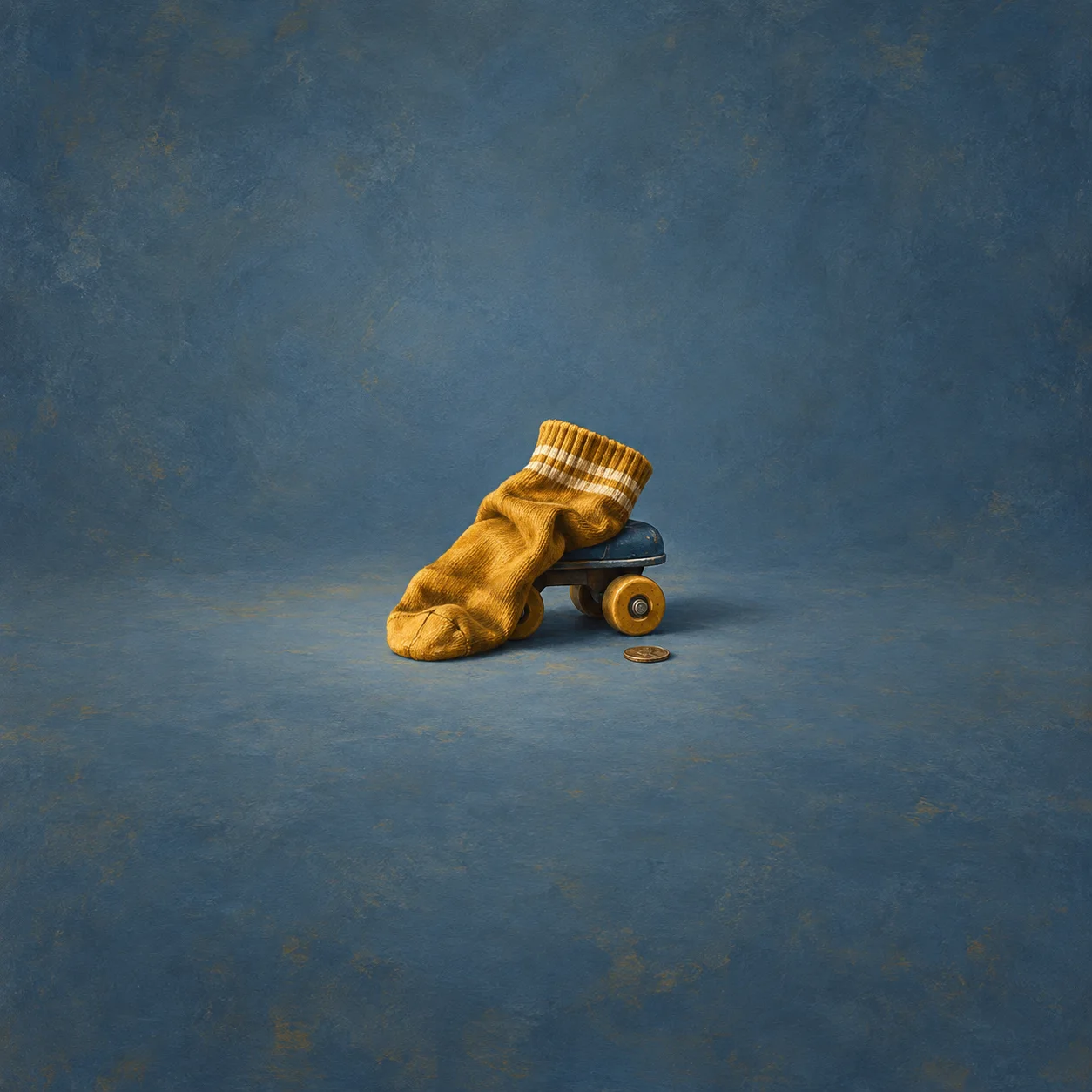 A rumpled mustard-yellow sock draped over a small roller skate with a single coin beside it on a blue background.