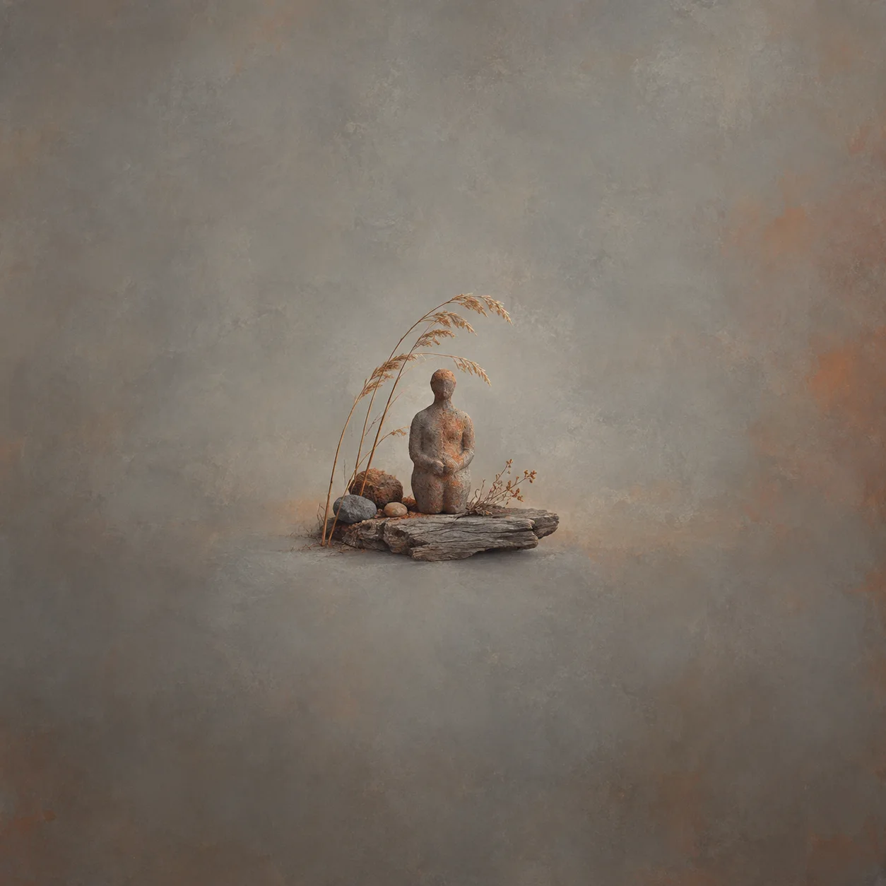 A plain clay figurine stands on a driftwood base among stones and arching dry reeds.