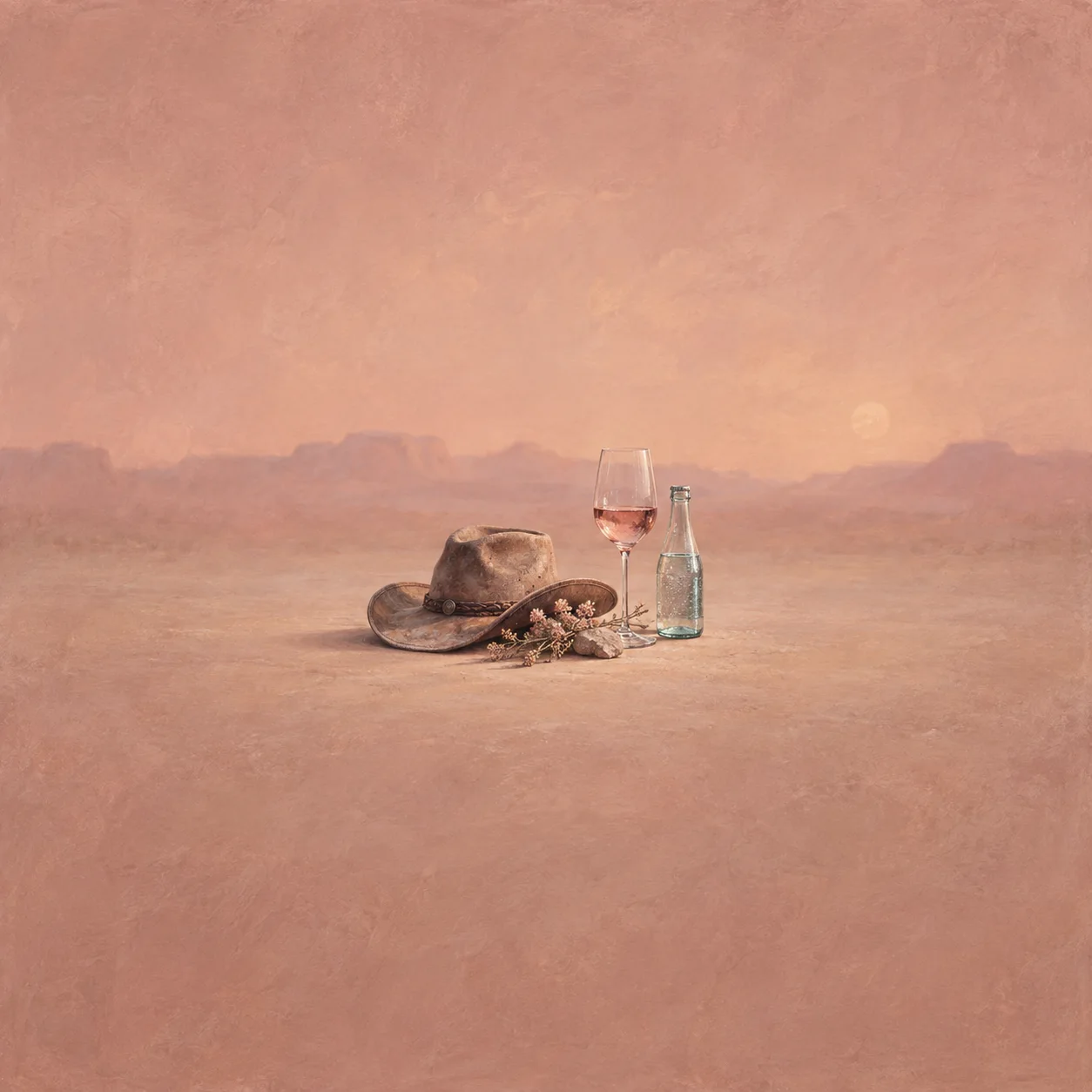 Painterly worn cowboy hat beside a wine glass and clear bottle on dusty pink ground.