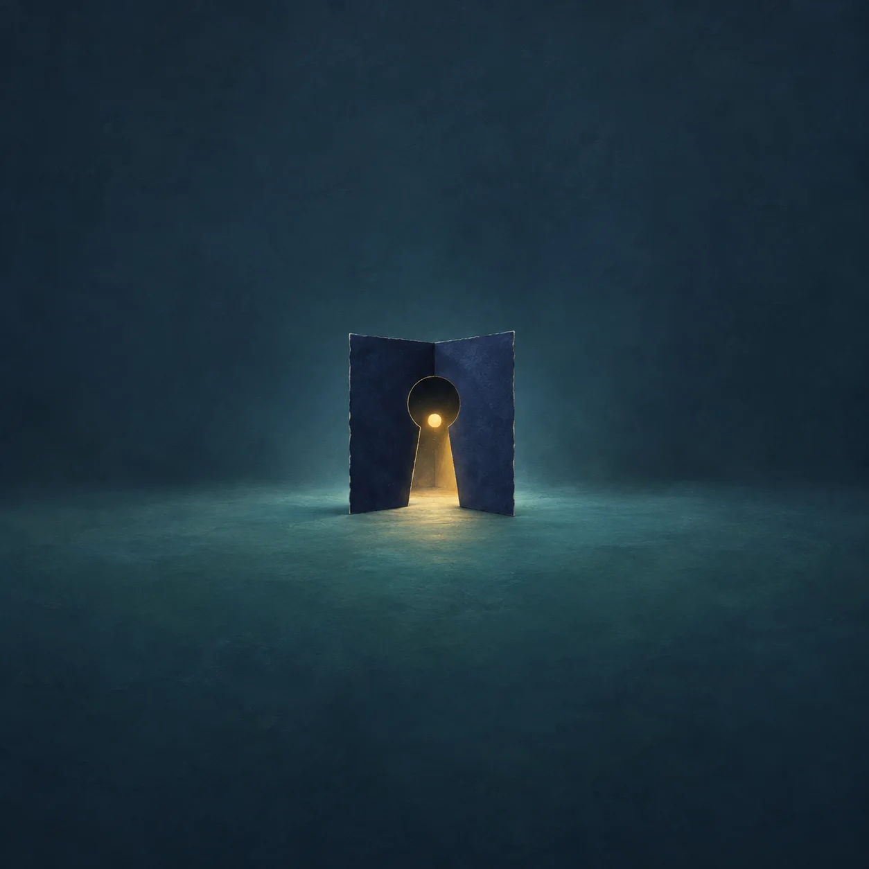 Golden light shines through a keyhole cut into a standing panel of dark-blue paper.