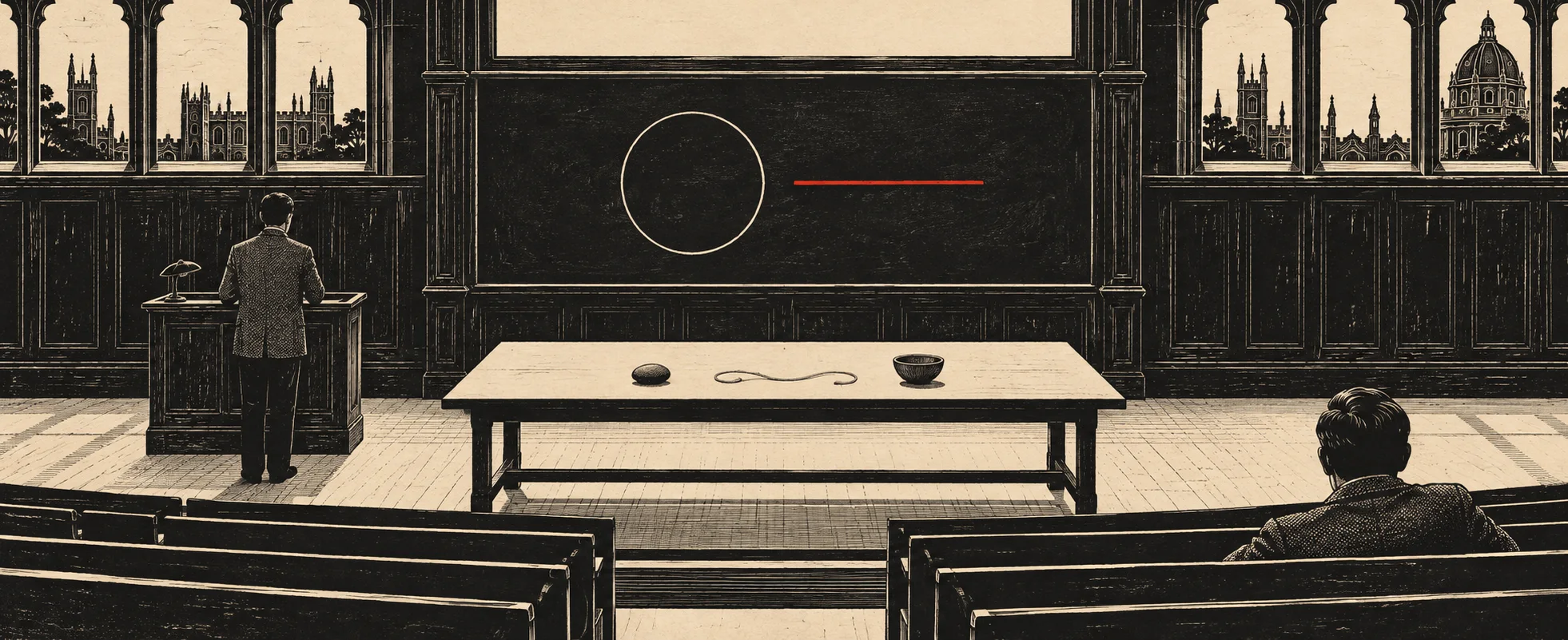 A lecturer stands at a lectern in a plain wood-panelled hall where a stone, a length of string and a bowl sit alone on a long table, in pen and ink.