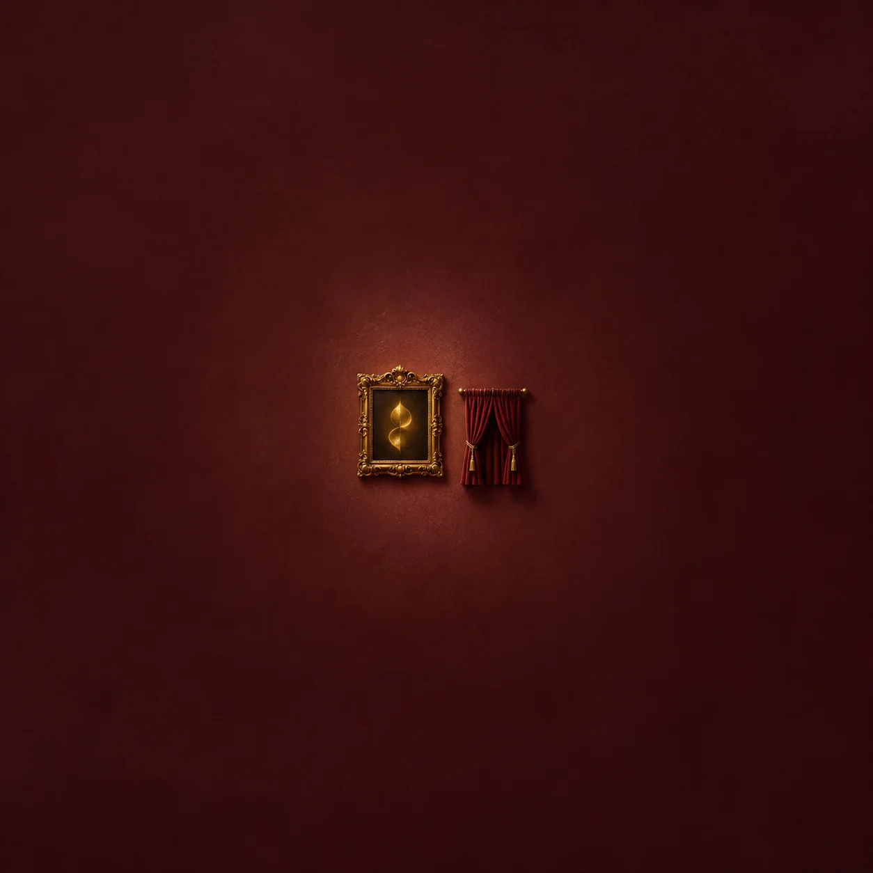 A small ornate gold frame displaying a glowing droplet hangs beside a tiny closed red theatre curtain on a burgundy wall.