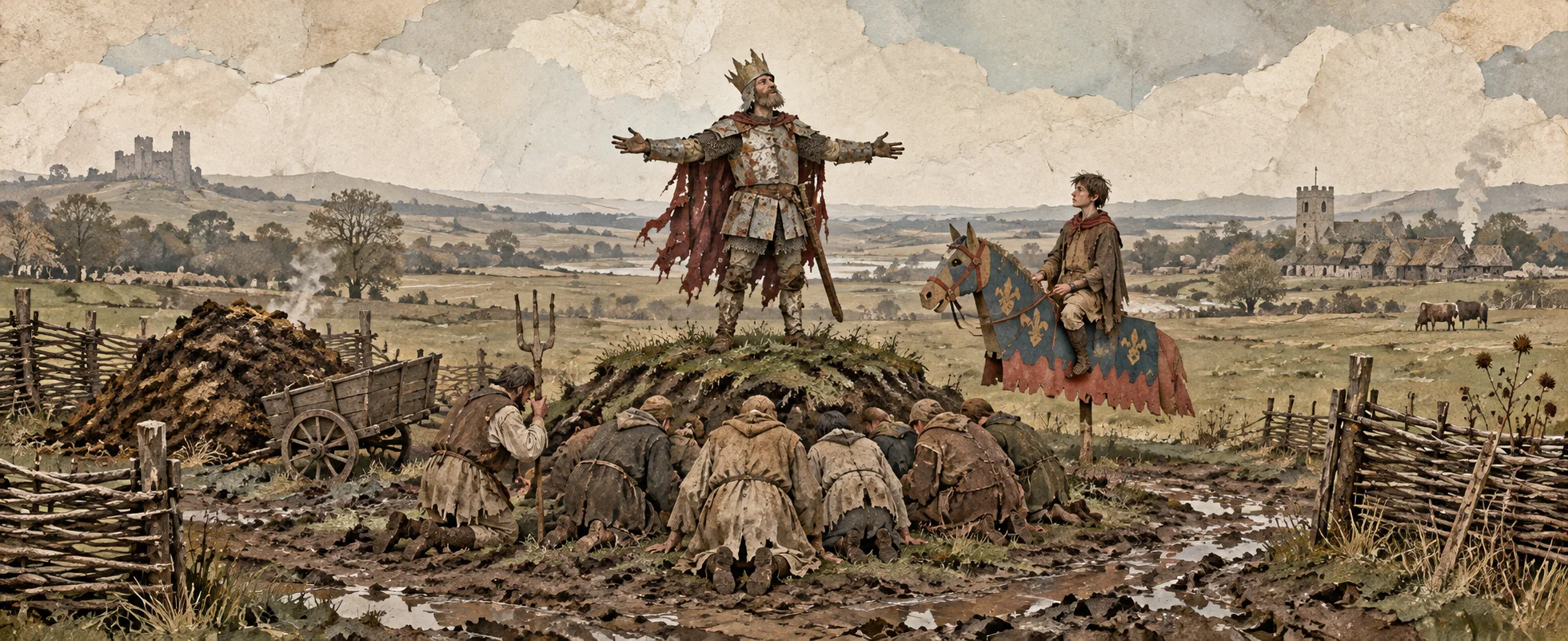 A crowned knight in battered armour stands on a dung heap lecturing muddy peasants as his squire waits with a horse.
