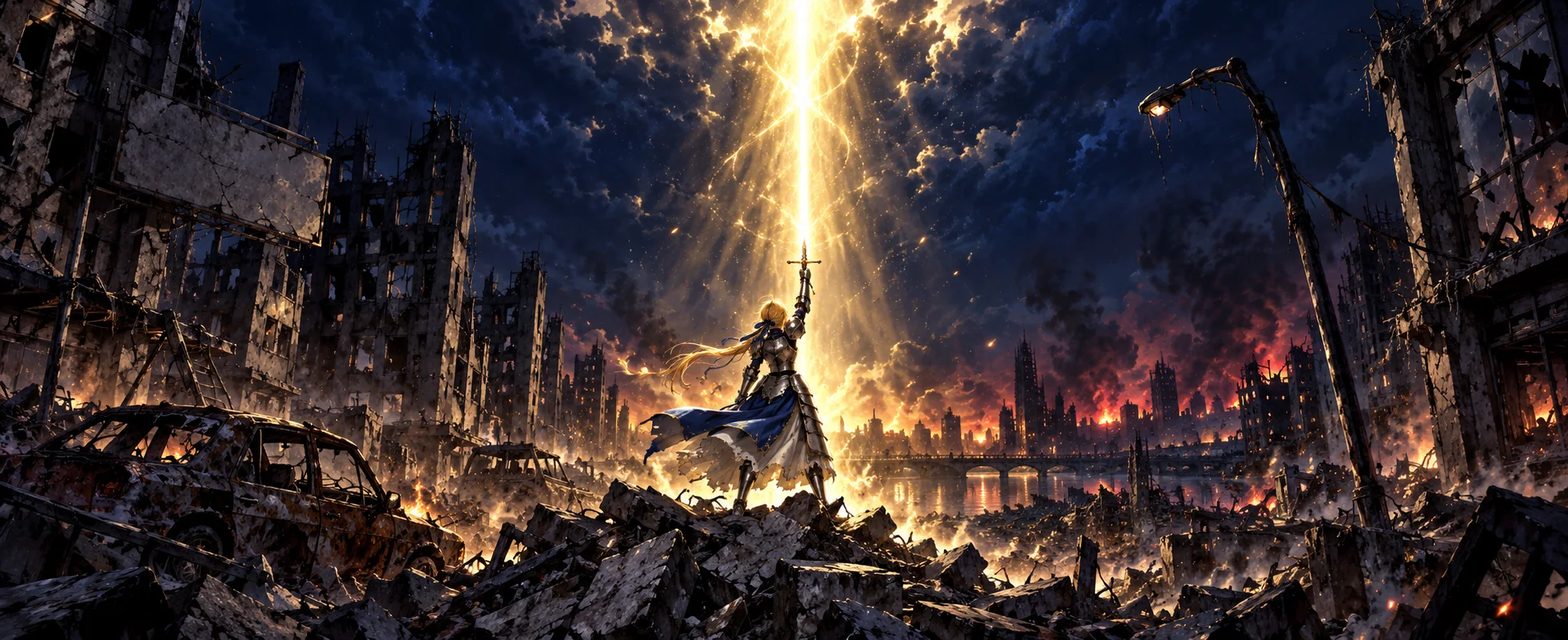 A knight raises a sword into a pillar of golden light over a burning city at night.