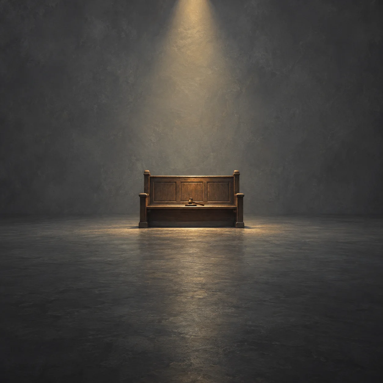 Painterly empty wooden courtroom bench with a small gavel beneath a spotlight.