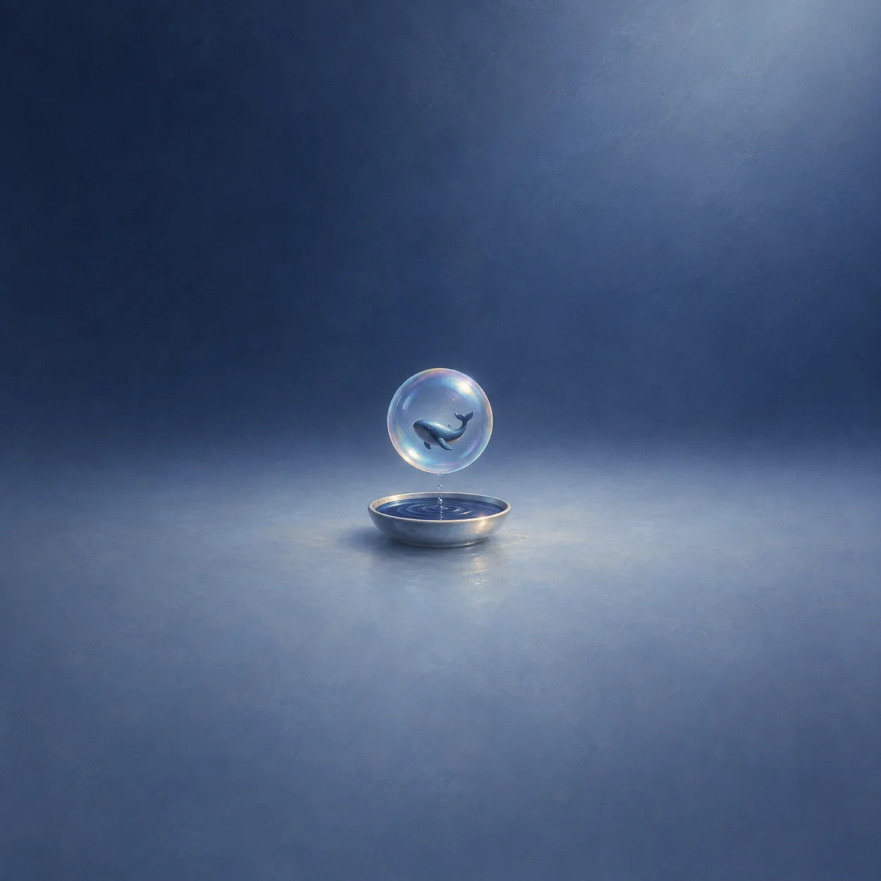 A large soap bubble containing a small whale silhouette floating over a dish of dark blue water.