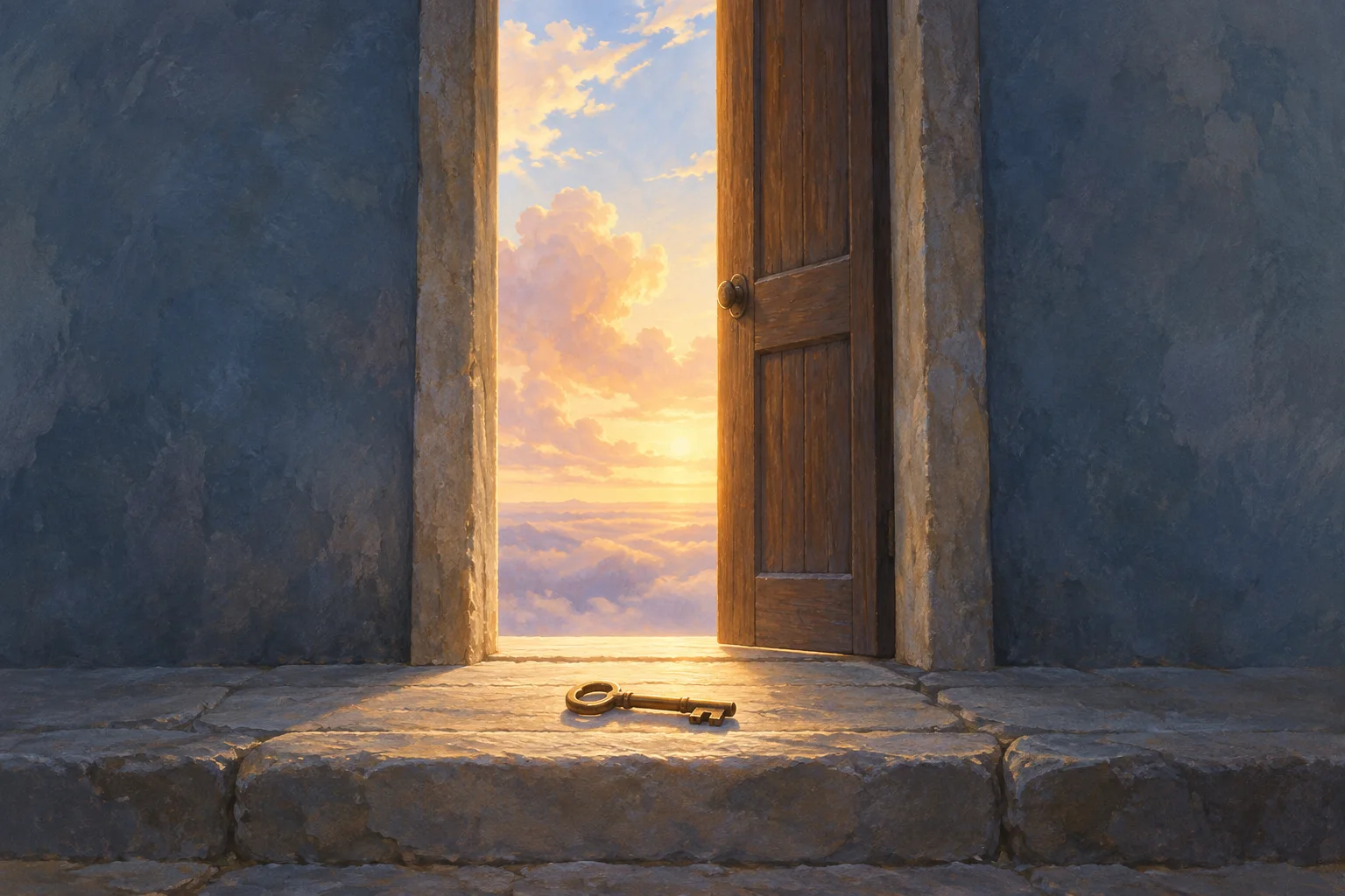 A brass key rests on a stone threshold before a plain wooden door opening onto golden clouds.