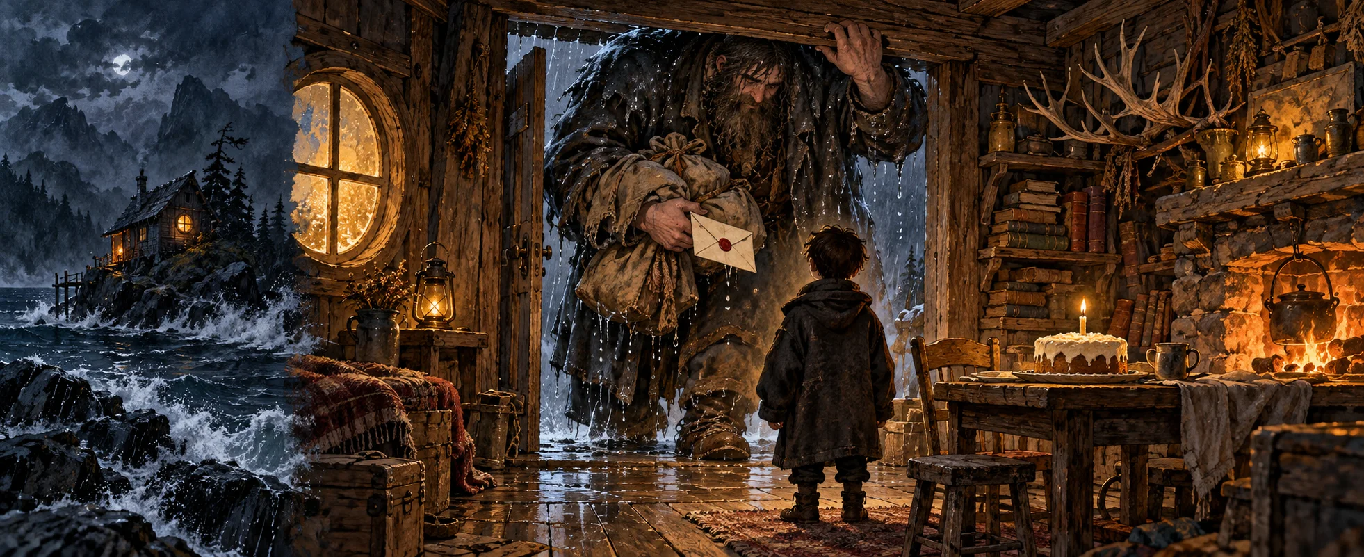 A huge bearded man ducks through the door of a hut on a stormy rock in the sea, a letter in his hand, as a small boy stands by a birthday cake.