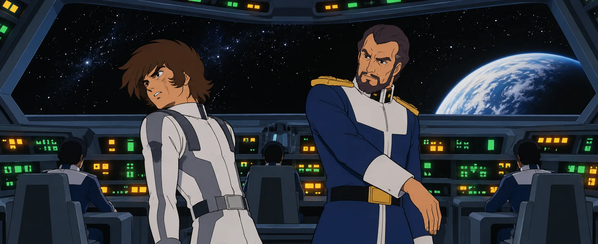A young pilot in a white suit turns away stung beside a stern bearded officer in a blue uniform on a spaceship bridge, Earth in the window.