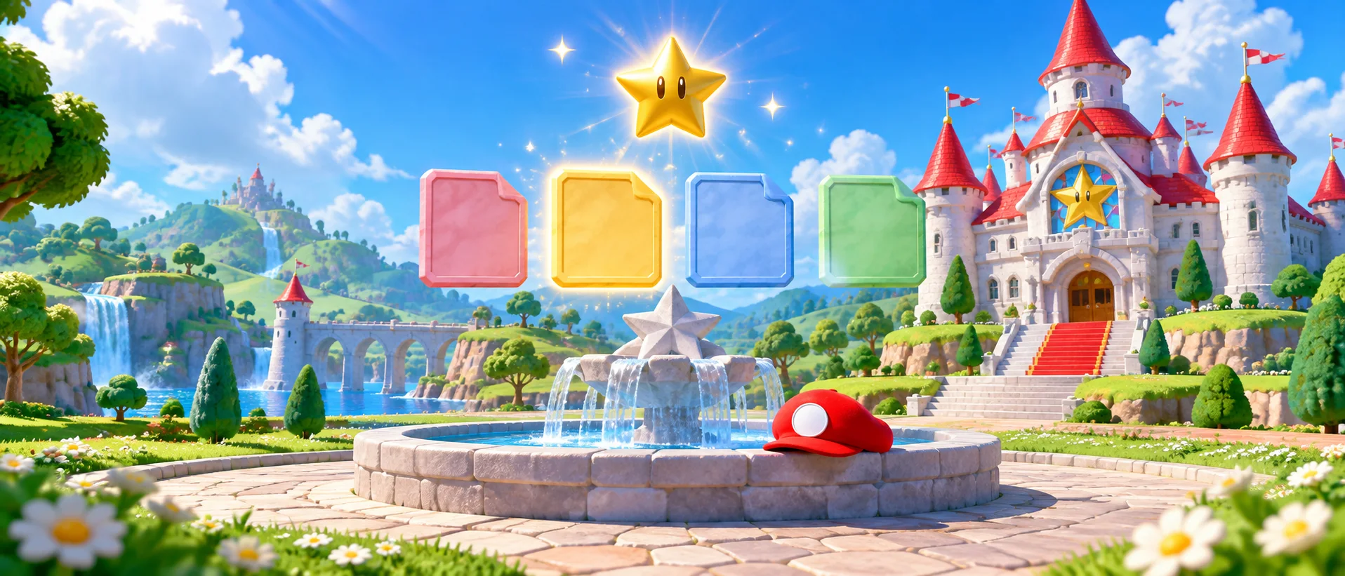 A sunny castle courtyard with a fountain, four floating file-select panels and a red cap resting on the fountain's rim, a gold star sparkling above.