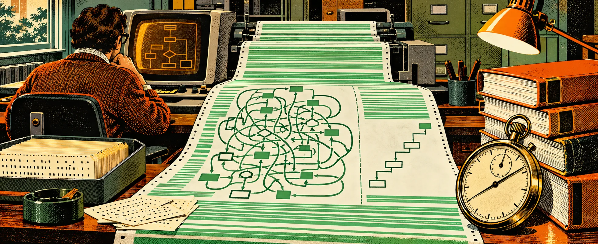 A programmer at a 1970s terminal faces a long green-bar printout covered in a tangled knot of flowchart lines, a stopwatch beside it.
