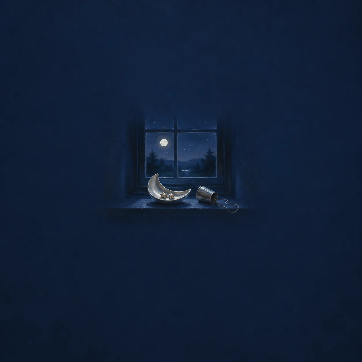 A silver moon-shaped dish and a small tin cup on a dark indigo windowsill.