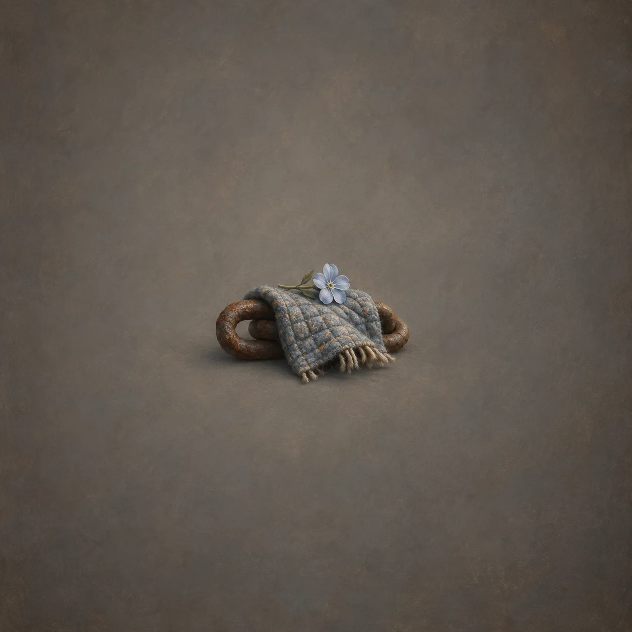 A folded blue-gray blanket draped over a rusty chain link with a pale blue flower on top.