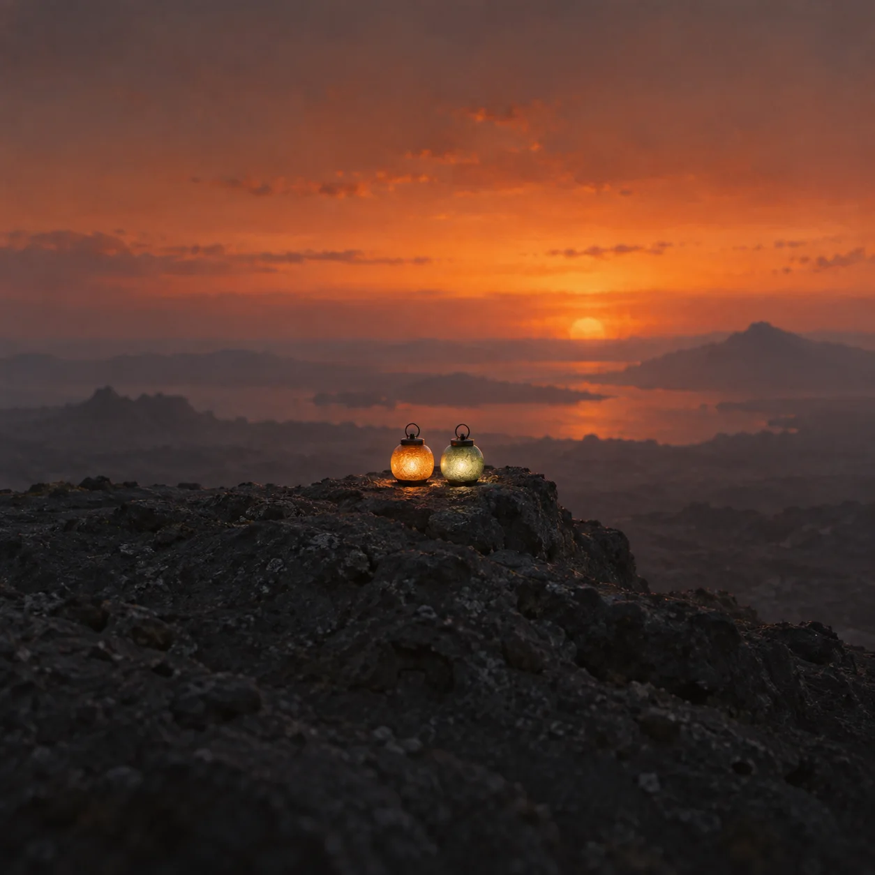 Two small glass lanterns, one amber and one pale green, sit on a rocky ridge overlooking a glowing sunset.