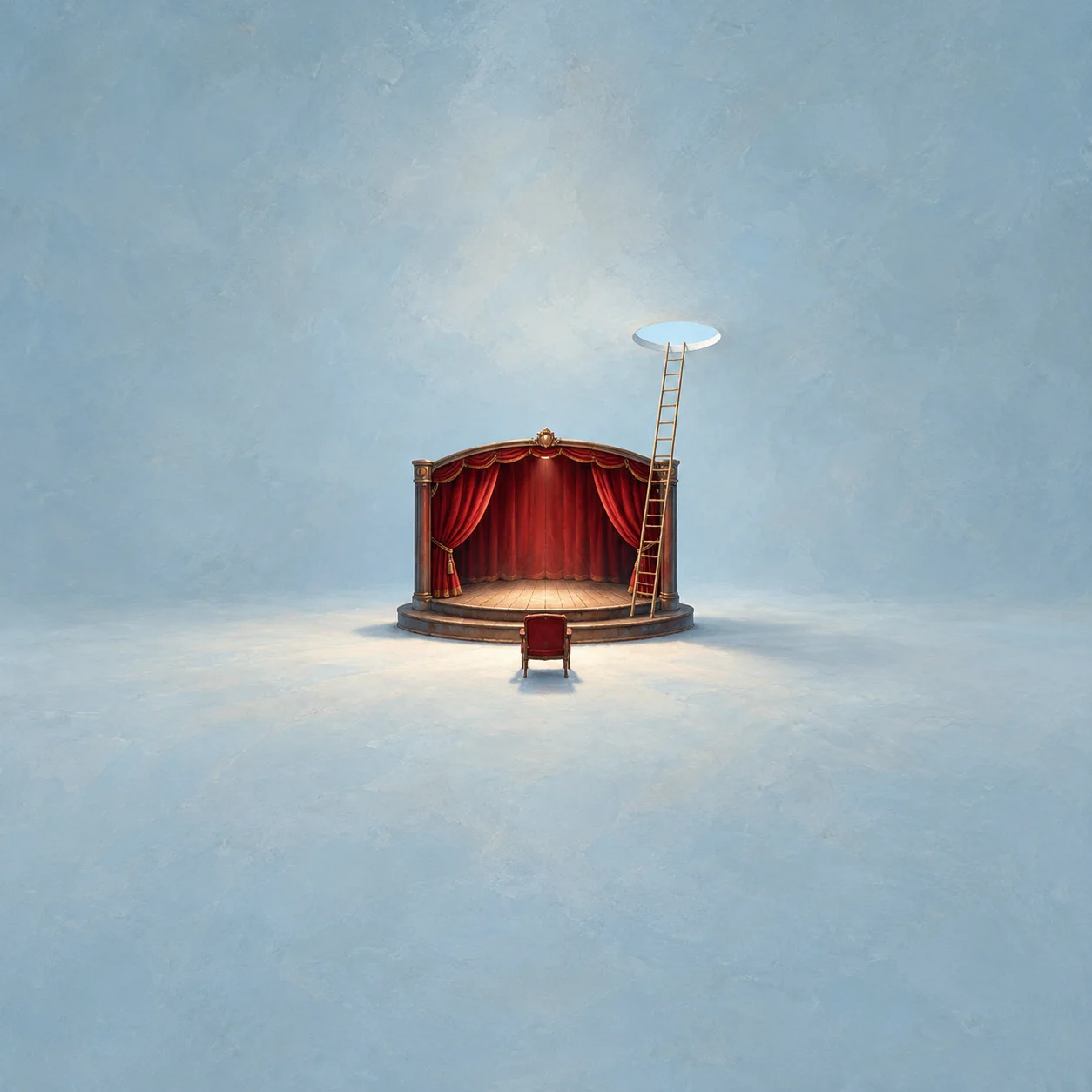 A miniature theatre with red curtains and one empty seat stands beside a tall ladder reaching a pale oval opening.