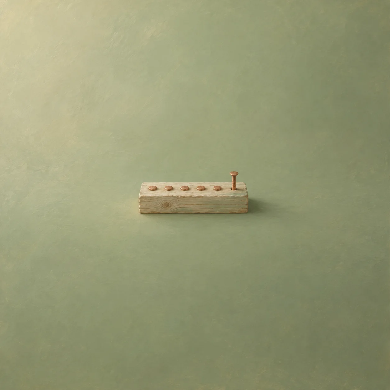 A row of copper nails driven flush into a plank, with the last nail still standing up.