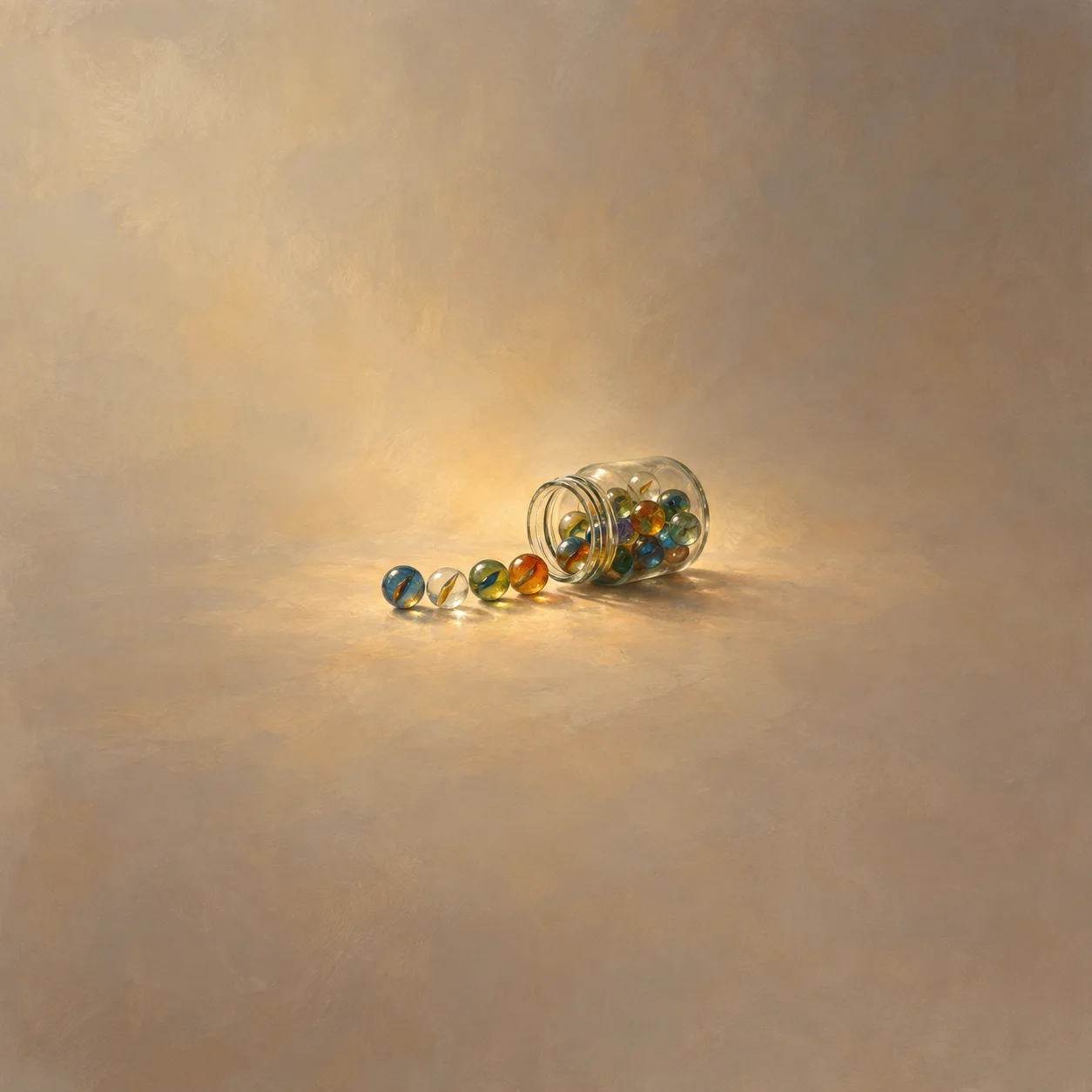 Colored glass marbles spill from a tipped jar in warm golden light.