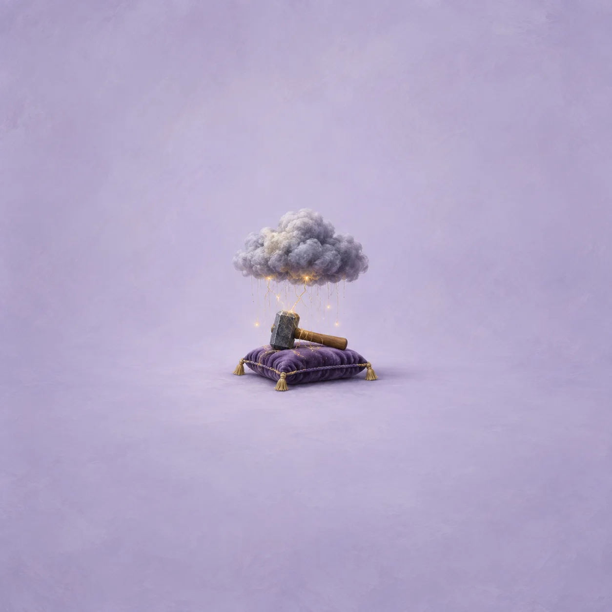 A cotton storm cloud over a small mallet on a violet cushion with yellow thread sparks.