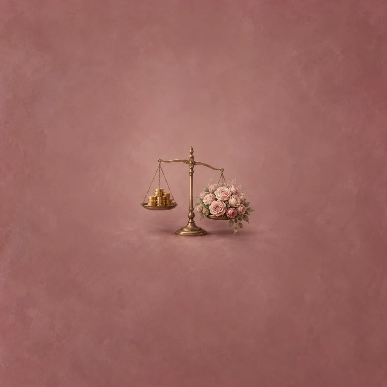 A brass balance holds gold coins on one side and pale roses on the other against dusty pink.