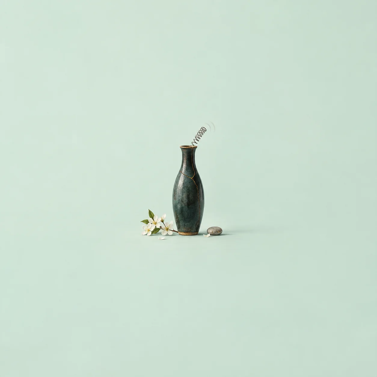 A tall dark ceramic vase with a fine crack and a small metal spring rising from its rim, beside white flowers on pale mint.