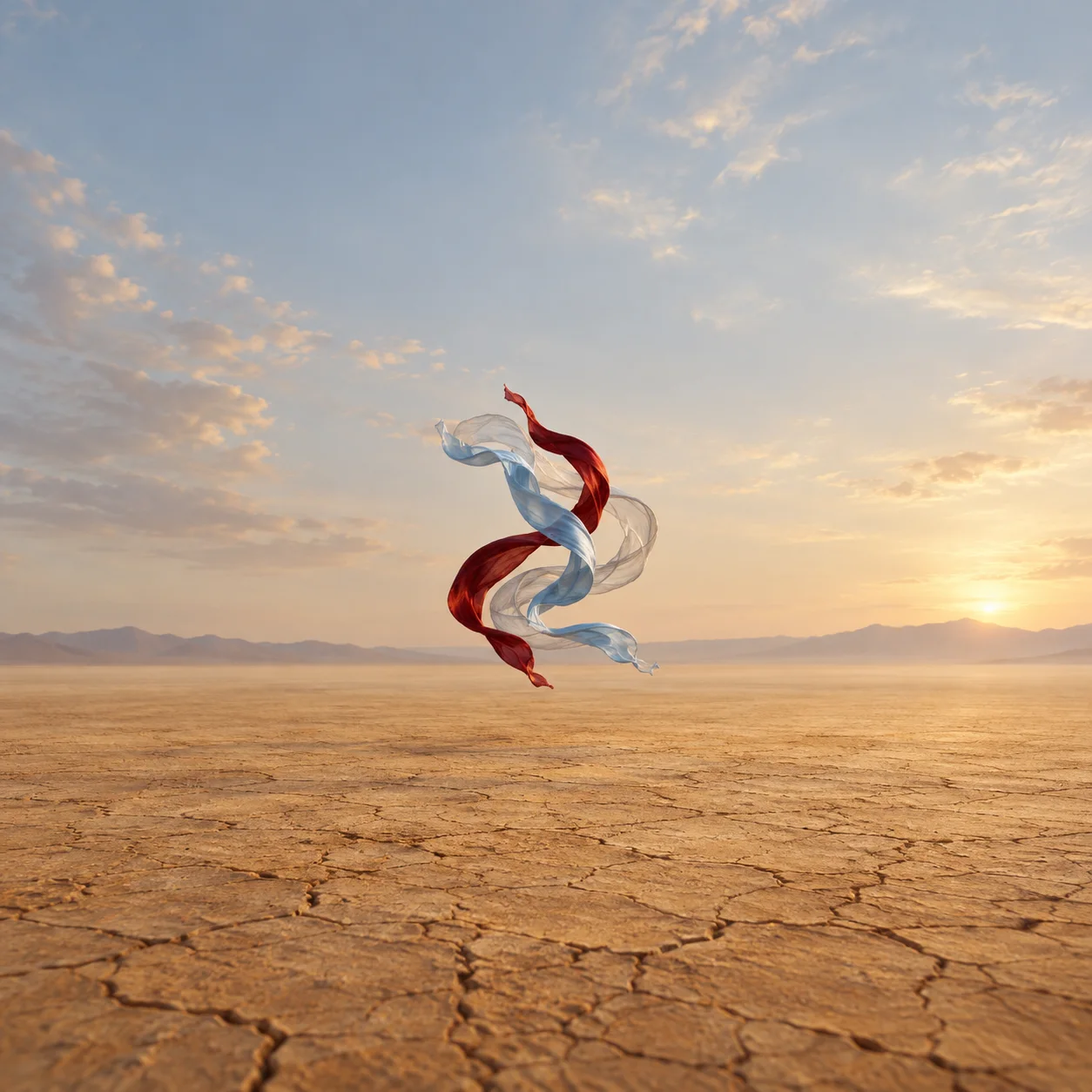 Red, pale blue and translucent ribbons twist together in midair above a cracked desert plain at sunset.