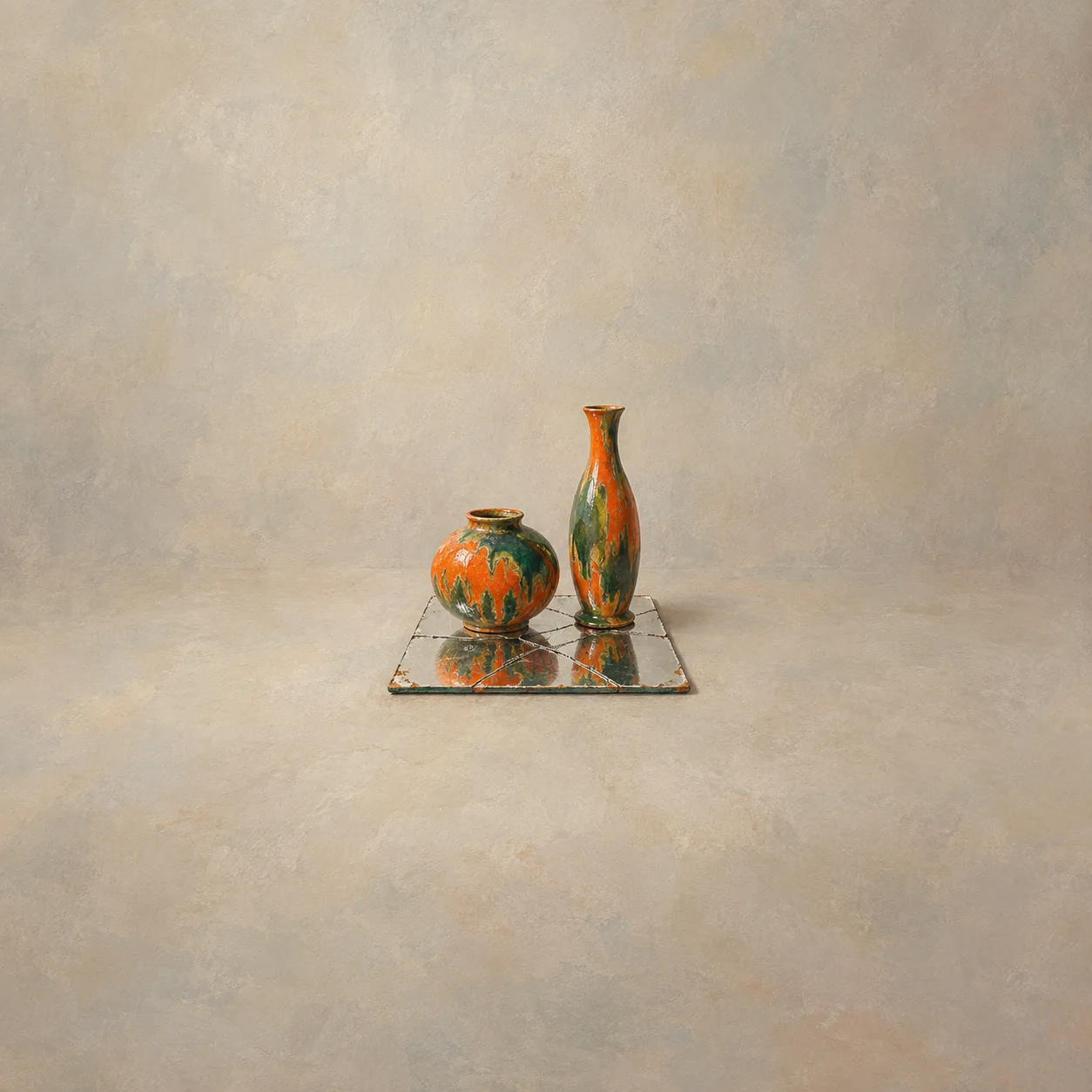 Painterly short round vase and tall narrow vase with orange and green glaze on a mirrored tile.
