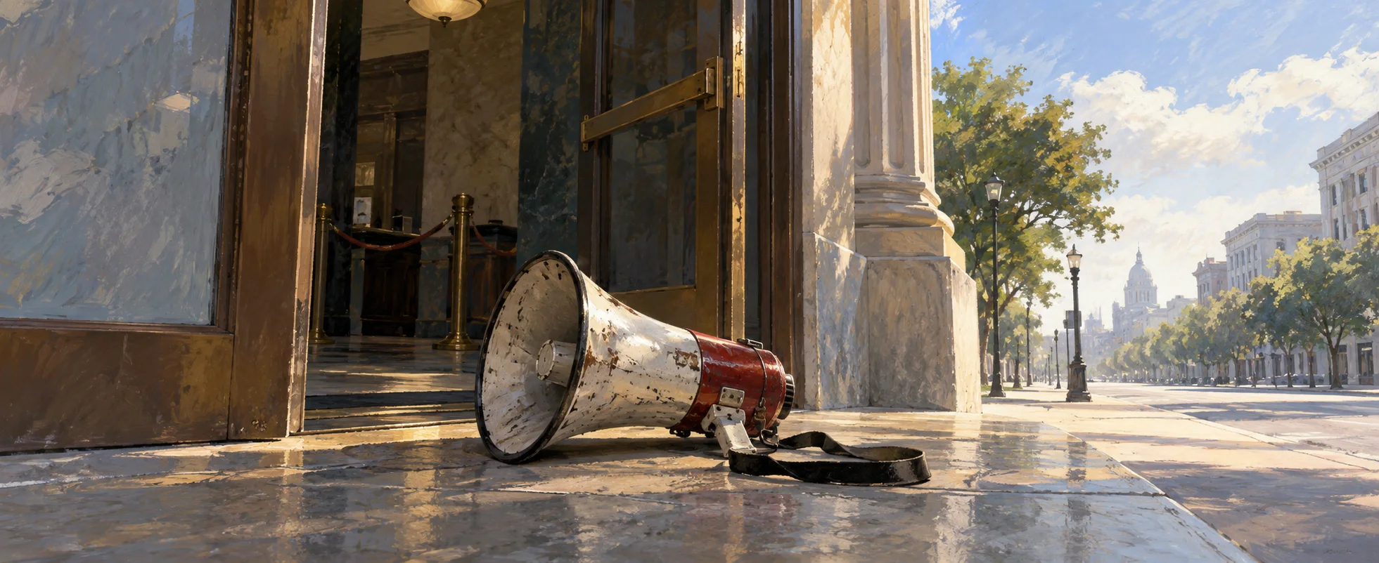 A battered megaphone rests beside an open bank doorway facing a sunlit empty street.