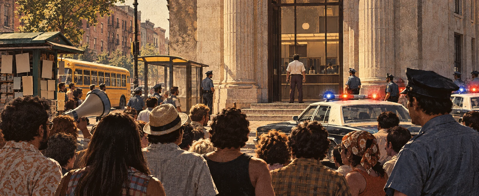 A crowd and police cars gather in the hot afternoon sun outside a Brooklyn bank, a man on the steps shouting to the crowd.