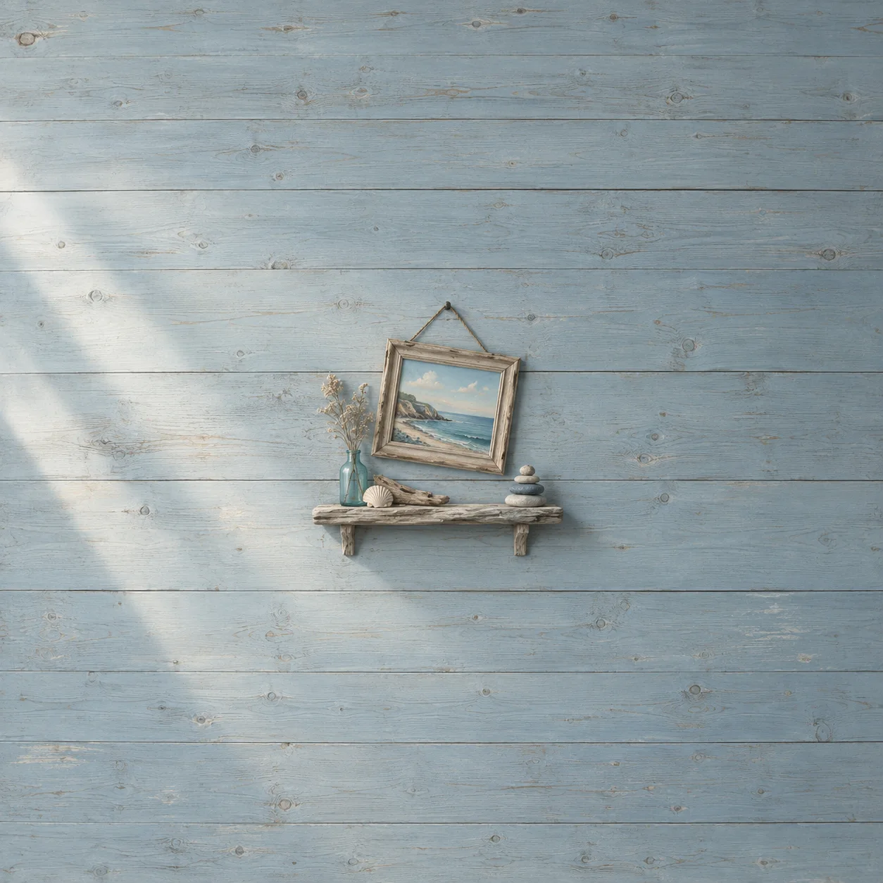A crooked framed coastal picture hangs above a small shelf of pale objects on a blue wooden wall.