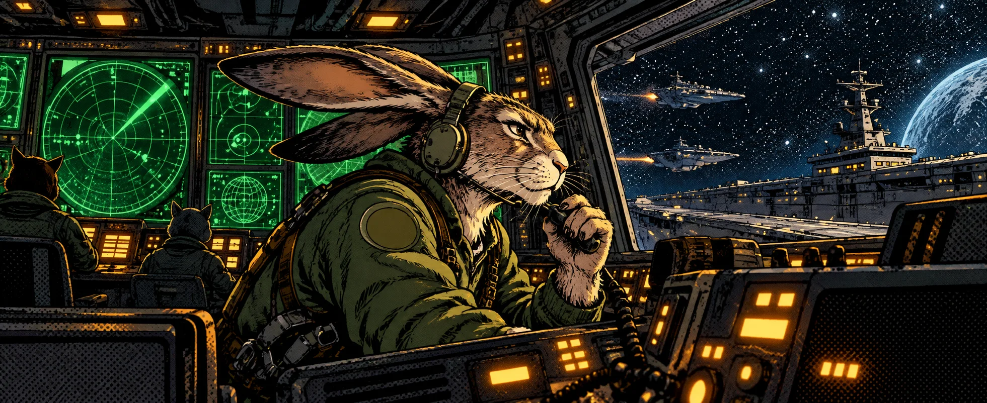 A grizzled hare pilot speaks into his headset in a starfighter cockpit full of glowing radar screens.