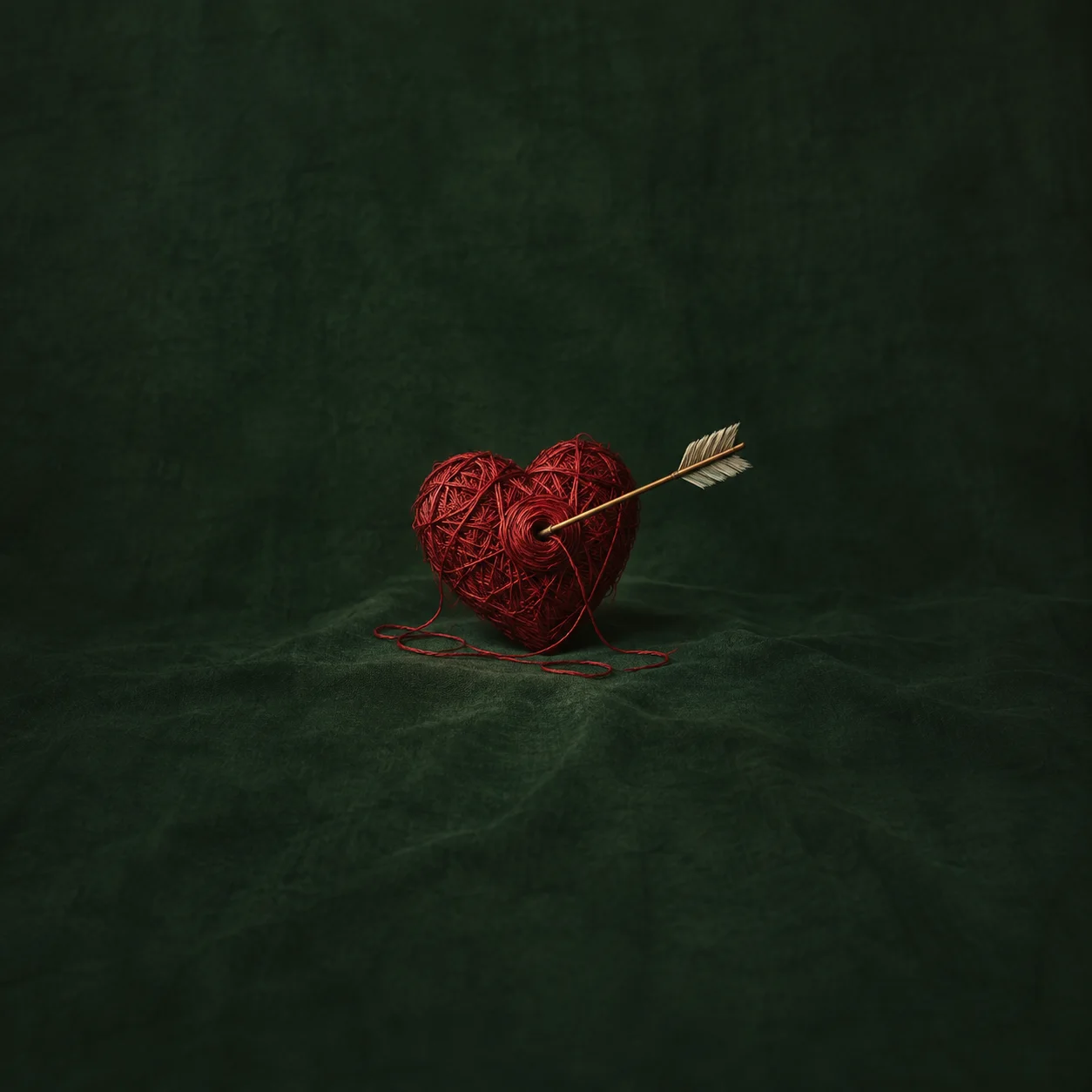 An arrow pierces a heart-shaped tangle of red thread against dark green fabric.