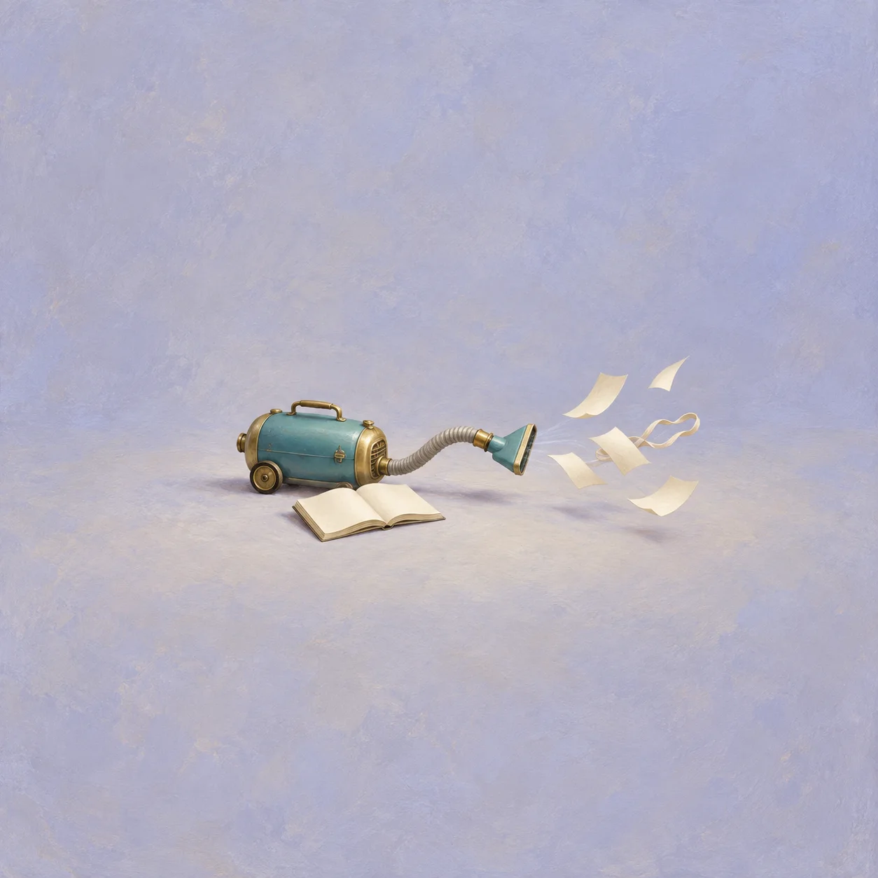 A small teal canister vacuum with a curved hose and brass fittings sits beside a blank open catalogue, with cream paper and a loose cloth elastic loop floating outward over lavender ground.