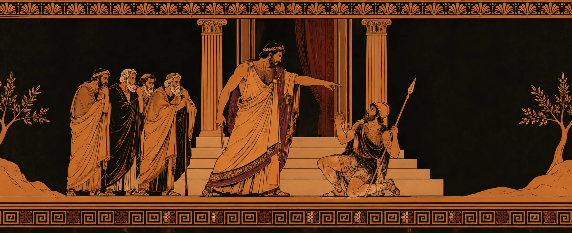 In the style of a Greek vase painting, a furious king in a purple-bordered robe thrusts out an accusing arm from the palace steps at a kneeling guard with a spear, a chorus of elders watching.