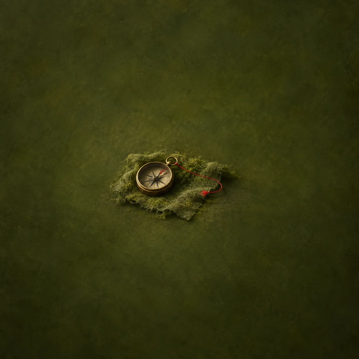A brass compass on rumpled green cloth with red thread looping across and beside it.