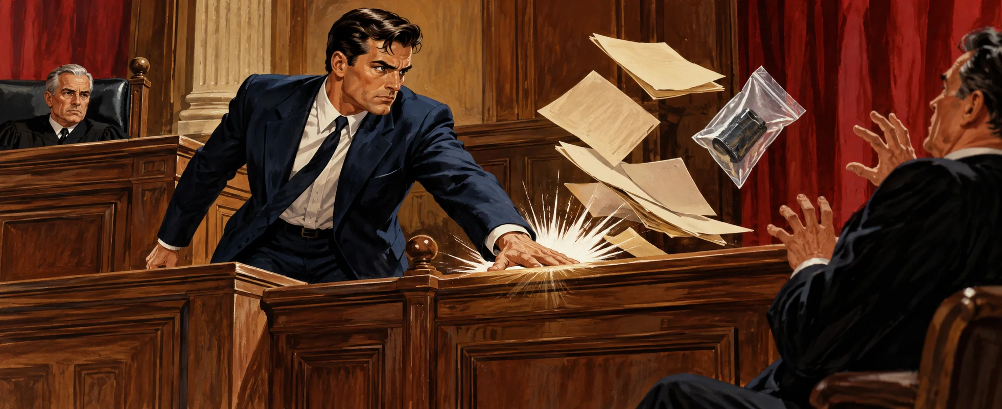 A lawyer slams the bench as papers and an evidence bag fly toward a startled witness.