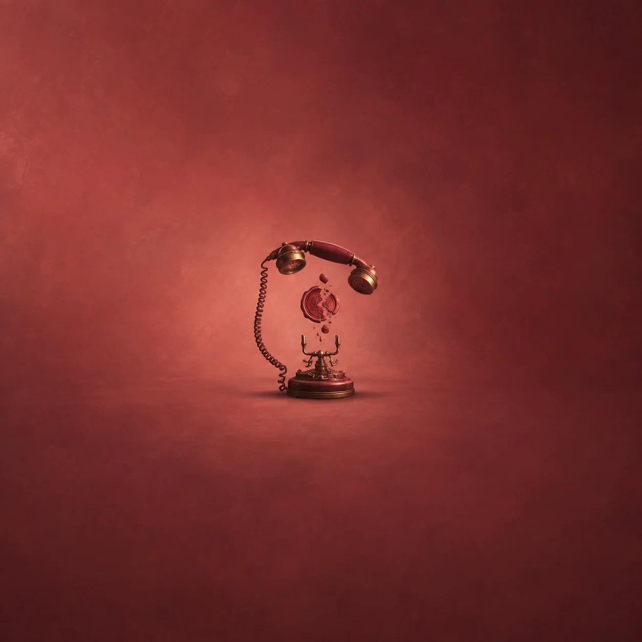 An old telephone receiver hovers over a brass base as pieces of a red wax seal fall between them.