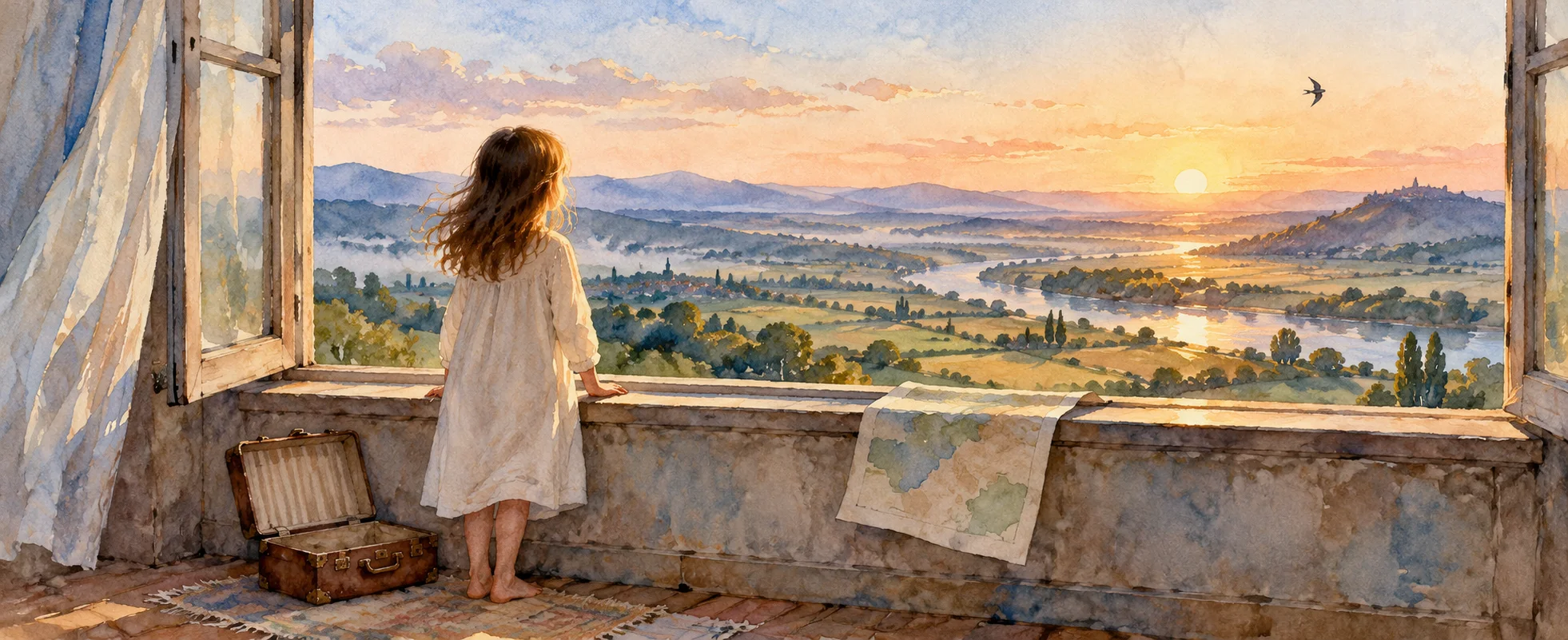 Watercolour of a barefoot girl in a nightgown at an open window at sunrise, looking out over fields and a river, a small suitcase and a map beside her.