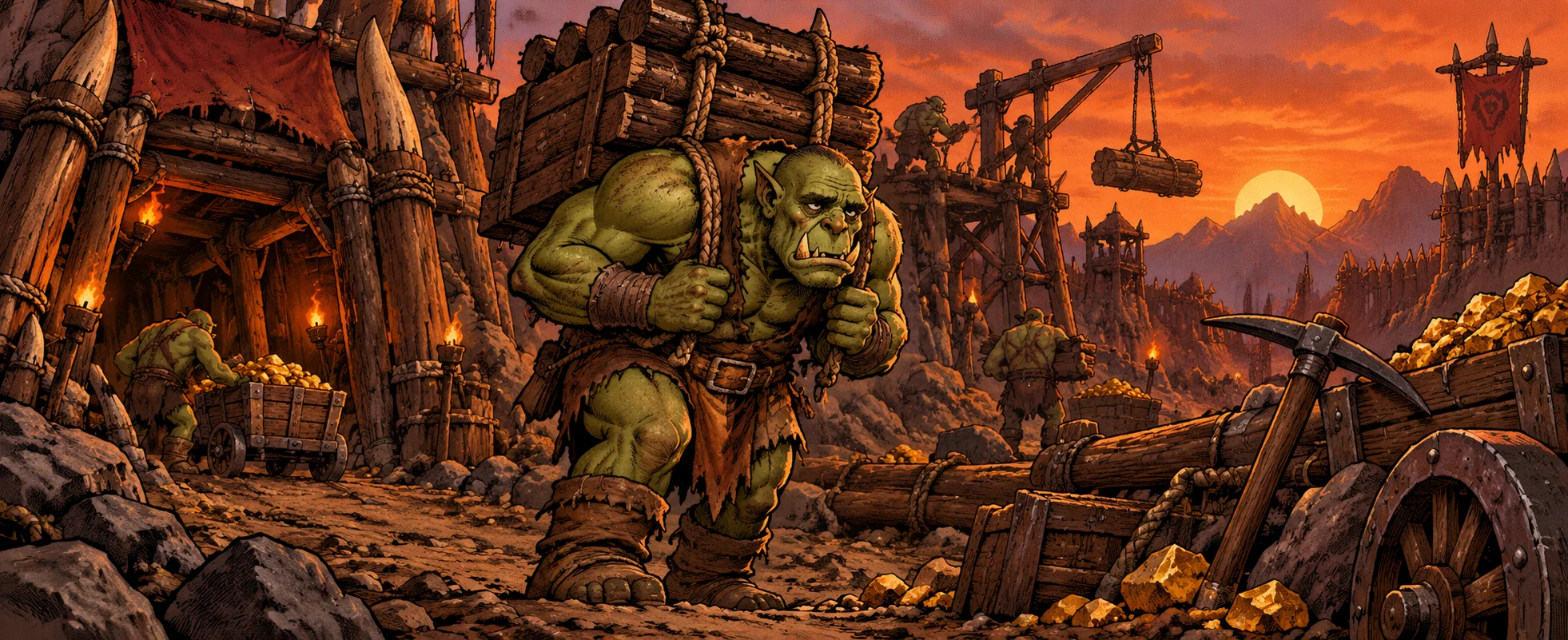 A weary green orc peon hauls a crate of timber past a gold mine at dusk, with ore carts, a pickaxe and scaffolding around him under a red war banner.